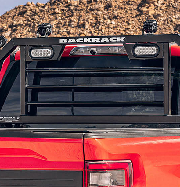 One of the BackRack brand's truck racks, installed on a red truck.