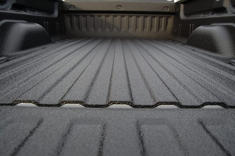 A close up view of a truck bed with an applied spray-on liner