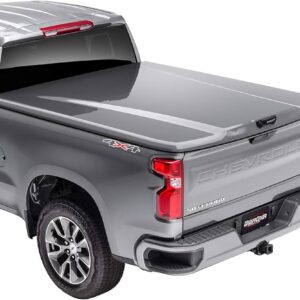 A product image of an UnderCover LUX truck deck lid, in the color of Satin Steel Effect.