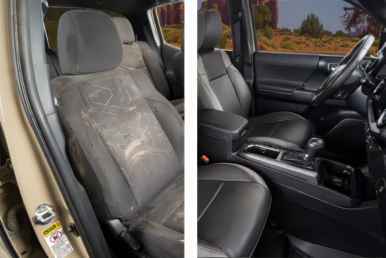 A before and after photo of a truck interior, upgraded by a Katzkin installer.